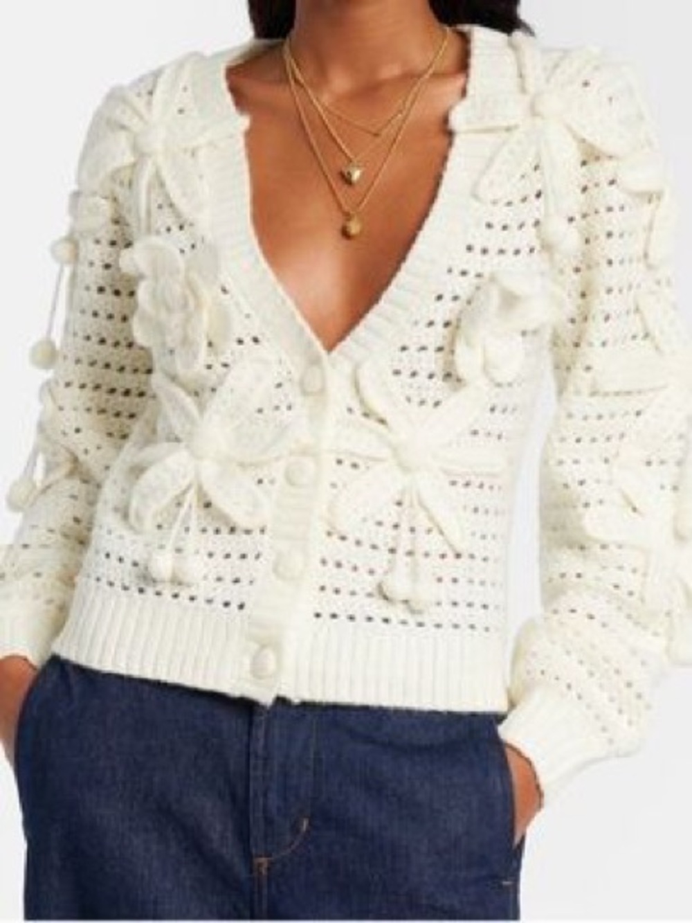 FARM Rio Off-White Crochet 3D Flowers Cardigan